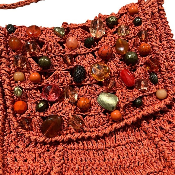 Cappelli Orange Straw Beaded Cross Body Shoulder Bag Sac Festival Boho Indie Y2K - Picture 2 of 8
